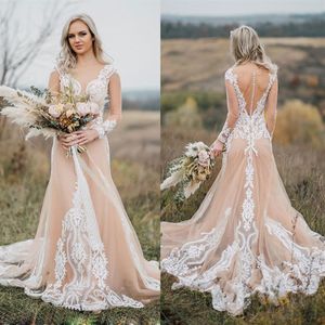 Champagne White Wedding Dresses A Line Appliques spets brudklänningar Bröllopsklänningar landsstil Långärmar Custom Made Plus Size280x