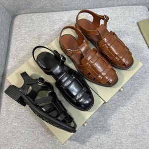 Leather 194 Sandals Full Vintage Cover Head Women's Summer One Word Buckle Strap Roman Shoes Med Heels