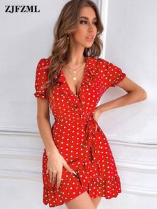 Casual Dresses Retro Polka Dot Print One Piece Kort klänning Petite Girls V Collar Sleeve Party Luxury midja formad klubba