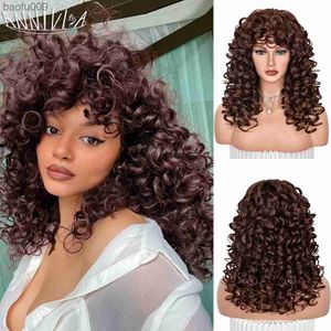 Red Brown Curly wigs with Bangs Natural Synthetic Long Wavy Wigs for Women Afro Cosplay Daily Heat Resistant Hair Wig Annivia L230520