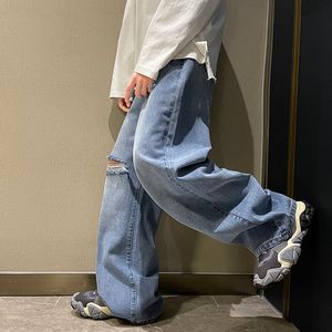 Mäns jeans denim byxa stretch förstörde rippad design modehål rakt för män plus storlek high street cyklist 230619