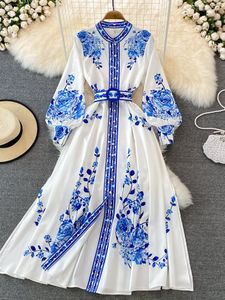 Casual Kleider Frühling Herbst Vintage Print Maxi Kleid Frauen Stehen Kragen Einreiher Elegante Lange Frau Floral Party Vestidos