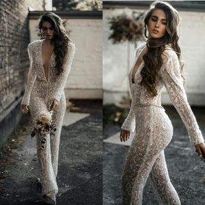 Bohemian 2021 Jumpsuits Wedding Dresses Lace Appliqued Bridal Gowns Deep V Neck Beaded Crystal Boho Robes De Mariee199j