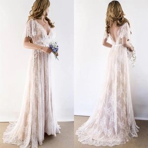 2022 Champagne Country Bohemian Abito da sposa Abiti con scollo a V Maniche corte Pizzo Backless Abiti da sposa Plus size205V