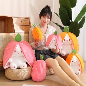 18cm/25cm/35cm Paskalya Cosplay Çilek Havuç Tavşan Peluş Oyuncak Doldurulmuş Yaratıcı Çanta Meyve Dönüşümü Bebek Sevimli Tavşan Peluş Bebek