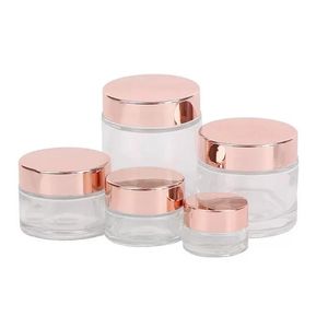 Förpackningsflaskor Frosted Glass Cream Jar Clear Cosmetic Bottle Lotion Lip Balm Container med Rose Gold Lid 5G 10G 30G 50G 100G Drop Dhleb