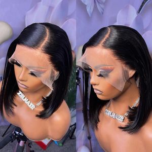 Krótki bob Wig13x4 13x6 HD koronkowe czołowe ludzkie włosy peruki Bone proste dla czarnych kobiet przezroczyste koronkowe peruki Remy Hair