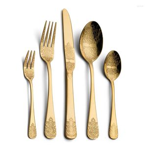 Dinnerware Sets 4/5Pcs Vintage Metal Stainless Steel Cutlery Set Knife Fork Spoon Hand Engraved Printing Affordable Luxury Western Tool