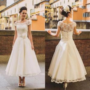 Elegant Beach 1950's Style Short Wedding Dresses Sheer Flower Sash Lace Cover Button Back Tea Length Bridal Gowns Ball Formal229D