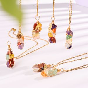 Natural Irregular Chakra Agates Chip Stone Beads Pendant Gold Winding Net Seven Colored Stones Necklace for Women Men