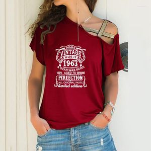 Damen T-Shirts Vintage Made in 1963 60 Frauen Lose Unregelmäßiges T-Shirt Sommer 60. Geburtstagsgeschenk Sexy Skew Neck Cross Bandage Tops für