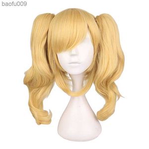 Qqxcaiw lång vågig cosplay blandad blond peruk med 2 hästsvansar syntetiska hår peruker l230520