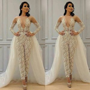 Blygsam löstagbar kjol jumpsuit bröllopsklänningar brudklänningar 2021 spetsapplikation långärmad elegant byxdräkt för kvinnor vestidos231x