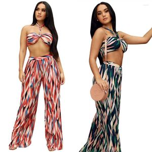 Women's Two Piece Pants Sexy Bra 2 Sets Women Lace Up Long Strap Crop Top And Wide Leg Summer Fashion Printed Club Outfits 2023