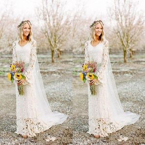Romantic Boho Wedding Dresses Long Sleeve Neck A Line Full Lace Country Style Bridal Gown Custom Made260N