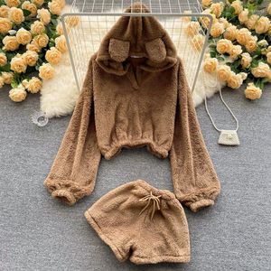 Women's Tracksuits Hooded Fleece 2 Pieces Women Shorts Sets Autumn Winter Pullovers And Wide Leg Female Clothing Top Quality