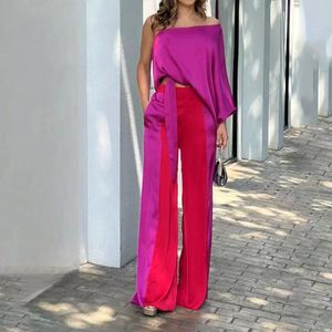 Sexy Women Chic One Shoulder Solid Lace Up Top Rose Red Satin Loose Pant Set Street Trend Fashion Irregular Suit Two Piece