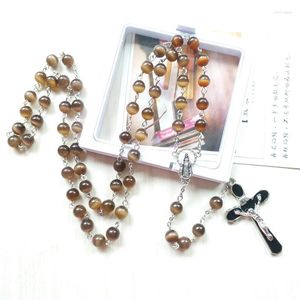 Anhänger-Halsketten QIGO Brauner Opal-Rosenkranz-Halskette Emaille-Kreuz Katholischer religiöser Schmuck