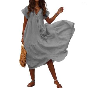 Casual Dresses Women Summer Dress Loose Hem V Neck Short Sleeves Patchwork Mid-calf Length Thin Lady Party Daily Midi