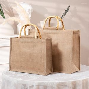 Shopping Bags Portable Burlap Jute Bag Handbag Bamboo Loop Handles Tote DIY Canvas Retro Women Big Size Beach