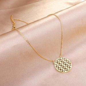 Pendant Necklaces Stainless Steel Round Reseau Pattern Hollow-out Necklace For Women Gold Color Party Jewelry Neck Choker 2023 Arrival