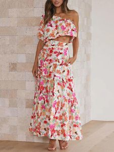 Two Piece Dress WildPinky Womens Printed Fashion Summer Twopiece Set One Shoulder Ruffles Women Tops and Long Aline Skirt 230619