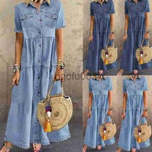 Freizeitkleider Damen Sommer Herbst Denim Lange Kleider Retro Knopftaschen Jeans Maxikleid Damen Freizeitkleider J230619