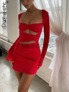 Casual Dresses Cryptographic Fashion Cut Out Sexy Ruched Mini Dress for Women Fall Elegant Night Club Party Gown Long Sleeve Dresses Clothes J230619