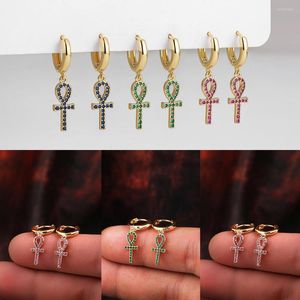 Hoop Earrings Gold Plated Huggie Earring With Cubic Zirconia Cross Egyptian Ankh Pendant For Women Girls Vintage Jewelry