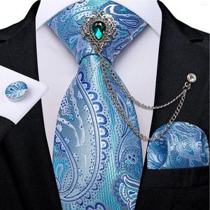 Bow Ties Fashion Blue Paisley Men's Handkufe Cufflinks With Crystal Brooch Chain 8cm Silk for Men Gift Drop