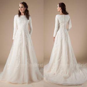 Bescheidene Garten-Hochzeitskleider mit langen Ärmeln, A-Linie, Perlen-Spitze-Applikation, Tempel-LDS-Brautkleid Couture211M