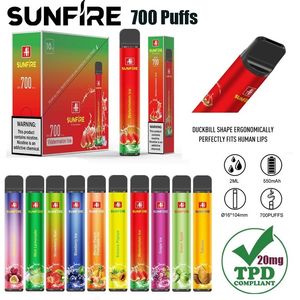 Аутентичный солнечный огонь TPD 700 800 10000 Puffs Ondosable Ecig 2ml Предварительно заполненные 10 зарегистрированных ароматов 20 мг Vape Pod Pod Одноразовые E -сигареты 550 мАч батарея Vaper Device