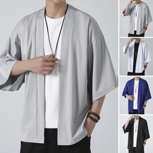 Men's Casual Shirts Men Shirt Kimono Japanese Style Solid Color Samurai Costume Asian Clothes Three Quarter Cardigan Jacket