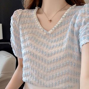 Women's T Shirts Lace Short-sleeved T-shirt Women's Summer Nice French Temperament V-neck Thin Beaded Puff Sleeve Hollow Top