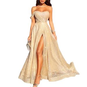反射的なシャンパンスパンコールイブニングドレス長いイブニングドレスは、ハイスプリットフォーマルパーティーの床の長さのプロムドレスを破りました