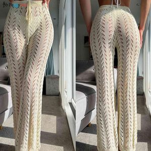 Crochet Net Sexy Women Swimsuit Lace Up Drawstring Hollow Out Knitted Wide Leg Trousers European Casual Beach Cover Up Pants