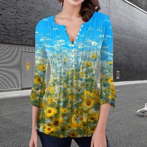 Kvinnors blusar kvinnor sommartryck trendiga sexiga knappar cardigan 7 hylsa skjorta v hals casual monterade tunika klädhoodies för