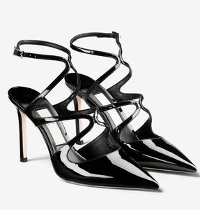 Jimmy Azia Sandals Högkvalitativa kvinnor Summer Essential Shoes Black Nude Patent Leather Pointed Toe High Heels Party Wedding Lady Gladiator Sandalias EU354