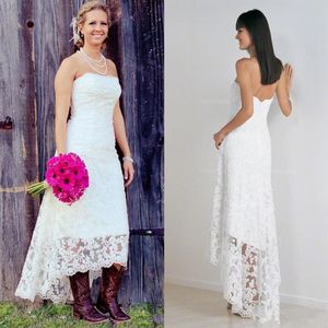 Fashionable High Low Wedding Dresses vintage Lace Strapless Garden cowgirl Country Lace Short Beach Wedding Bridal Gowns262w