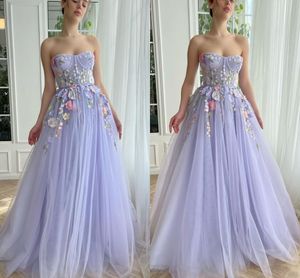 Elegant Lavender A Line Evening Dresses for Women Sweetheart Handmade Flowers Tulle Sweep Train Formal Occasions Birthday Celebrity Pageant Party Prom Gowns