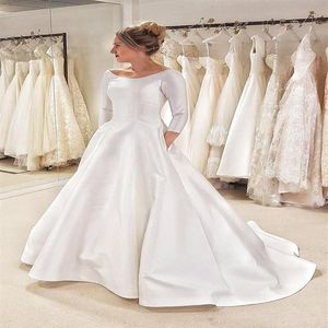 Nowe A-line proste satynowe skromne sukienki ślubne 2020 z 3 4 rękawami Country Western Women Eleganckie vintage skromne suknie ślubne Wit245p
