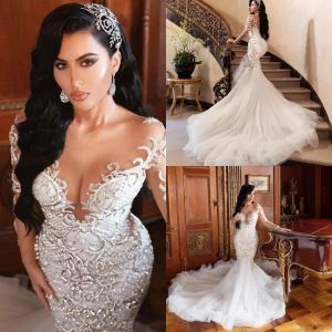 Sirena araba Abiti da sposa di lusso Dubai Cristalli scintillanti Maniche lunghe Abiti da sposa Corte dei treni Gonna in tulle Robes De BC3345