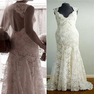 Modern Keyhole Back Lace Wedding Dresses Gown Mermaid Cap Short Sleeves Long Designer Real Pos Bridal Gowns Plus size273p