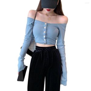 Women's Blouses Sexy Women Off-Shoulder Tops Solid Color Cardigans Tight-Fitting Button Long Sleeve Shirts