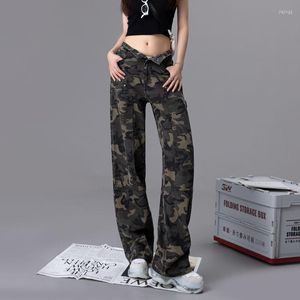 Kvinnors byxor Militärgrön kamouflagbyxor för kvinnors last Långt passande rak Hip Hop High midja Pant Streetwear Kvinna