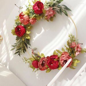 Decorative Flowers 50cm Door Wreath Large Garland Artificial Peony Flower Wall Hanging Front Wreaths Home Decoration Farmhouse Decor