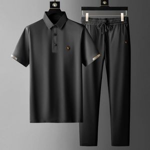 Herren-Trainingsanzüge, schwarze Sommer-Herren-Sets, dunkelblauer, dünner, schnell trocknender Anzug, lässiges Polo-Shirt, elastische, lockere Hosen, modisches 2-teiliges Set 230617