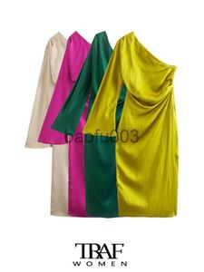 Повседневные платья Traf Женские модные драпированные атласные атласные асимметричные миди-платье винтажное однорубельное боковое молнии на молнии