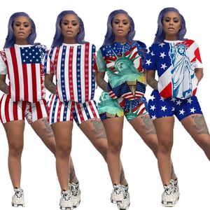 2023 Fatos de Treino Feminino American Flag Outfits Summer Plus Size 3XL Manga Curta T-Shirt Shorts Conjuntos de Duas Peças Casual Print Roupas Esportivas Roupas Atacado 9956