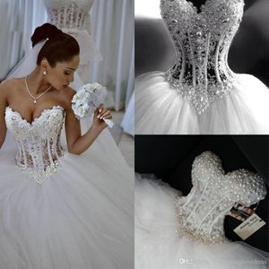 Princess Ball Gown Wedding Dresses Pearl Plus Size Country Bride Dress Puffy Tulle Bling Strapless Boho Bridal Gowns Corset Back 2257r